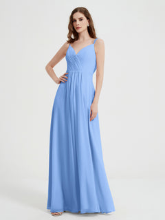 V-neck Chiffon Dresses with Beaded Straps-Blue Plus Size