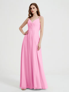 V-neck Chiffon Dresses with Beaded Straps-Candy Pink