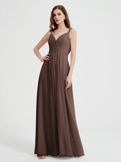 V-neck Chiffon Dresses with Beaded Straps-Chocolate