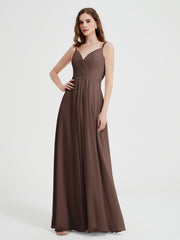 V-neck Chiffon Dresses with Beaded Straps-Chocolate