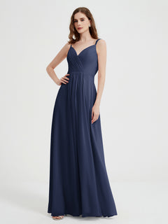 V-neck Chiffon Dresses with Beaded Straps-Dark Navy