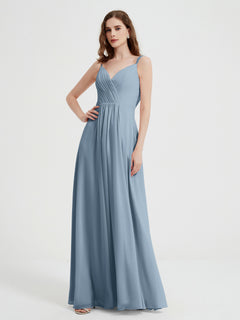 V-neck Chiffon Dresses with Beaded Straps-Dusty Blue Plus Size