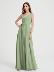 V-neck Chiffon Dresses with Beaded Straps-Dusty Sage