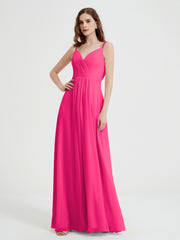 V-neck Chiffon Dresses with Beaded Straps-Fuchsia