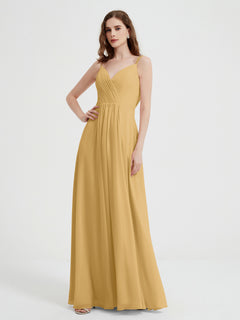 V-neck Chiffon Dresses with Beaded Straps-Gold