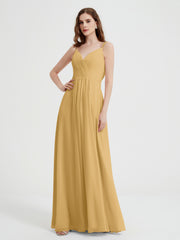 V-neck Chiffon Dresses with Beaded Straps-Gold