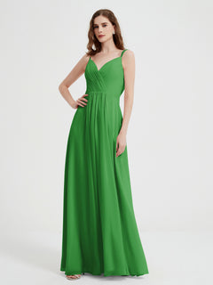 V-neck Chiffon Dresses with Beaded Straps-Green