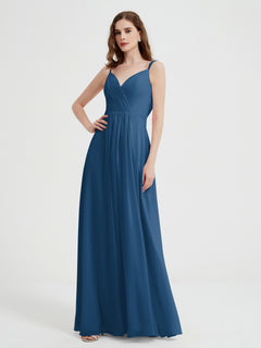 V-neck Chiffon Dresses with Beaded Straps-Ink Blue