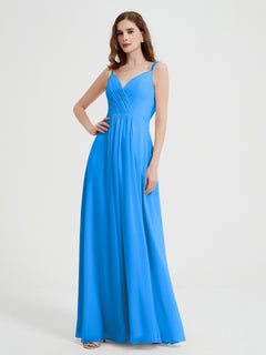 V-neck Chiffon Dresses with Beaded Straps-Ocean Blue