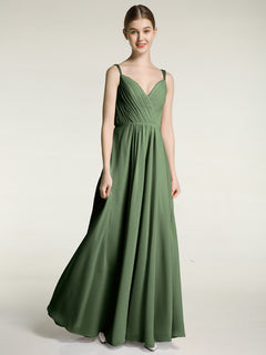 V-neck Chiffon Dresses with Beaded Straps-Olive Green