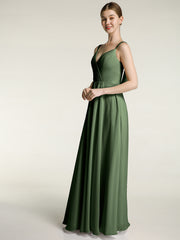 V-neck Chiffon Dresses with Beaded Straps-Olive Green Plus Size