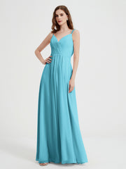 V-neck Chiffon Dresses with Beaded Straps-Pool