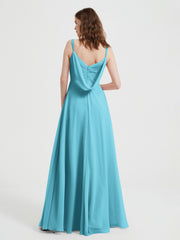 V-neck Chiffon Dresses with Beaded Straps-Pool