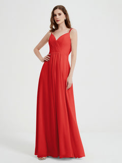 V-neck Chiffon Dresses with Beaded Straps-Red