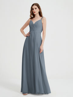 V-neck Chiffon Dresses with Beaded Straps-Slate Blue