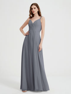 V-neck Chiffon Dresses with Beaded Straps-Steel Grey