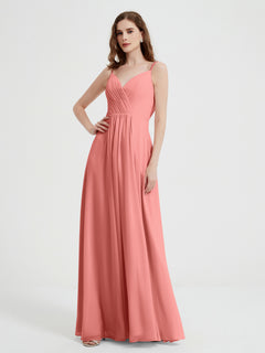 V-neck Chiffon Dresses with Beaded Straps-Sunset