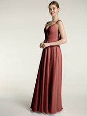 V-neck Chiffon Dresses with Beaded Straps-Terracotta