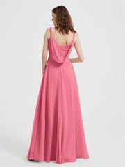 V-neck Chiffon Dresses with Beaded Straps-Watermelon