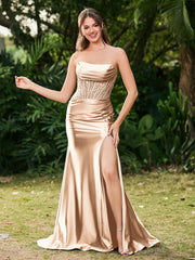 Strapless Sweep/Brush Train Side-Slit Maxi Dress Champagne