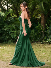 Strapless Sweep/Brush Train Side-Slit Maxi Dress Dark Green
