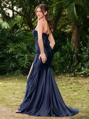 Strapless Sweep/Brush Train Side-Slit Maxi Dress Dark Navy