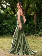 Strapless Sweep/Brush Train Side-Slit Maxi Dress Olive Green