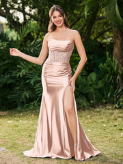 Strapless Sweep/Brush Train Side-Slit Maxi Dress Pearl Pink