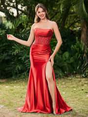Strapless Sweep/Brush Train Side-Slit Maxi Dress Red