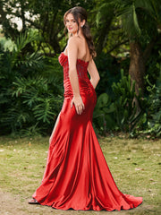 Strapless Sweep/Brush Train Side-Slit Maxi Dress Red