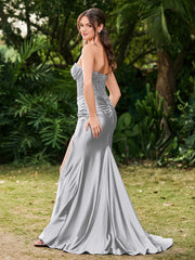 Strapless Sweep/Brush Train Side-Slit Maxi Dress Silver