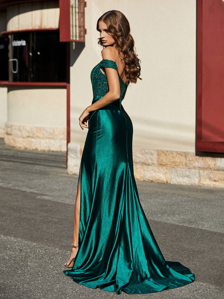 Sequin Corset Bodice Gown with Ruched Hip and High Slit Slate Blue