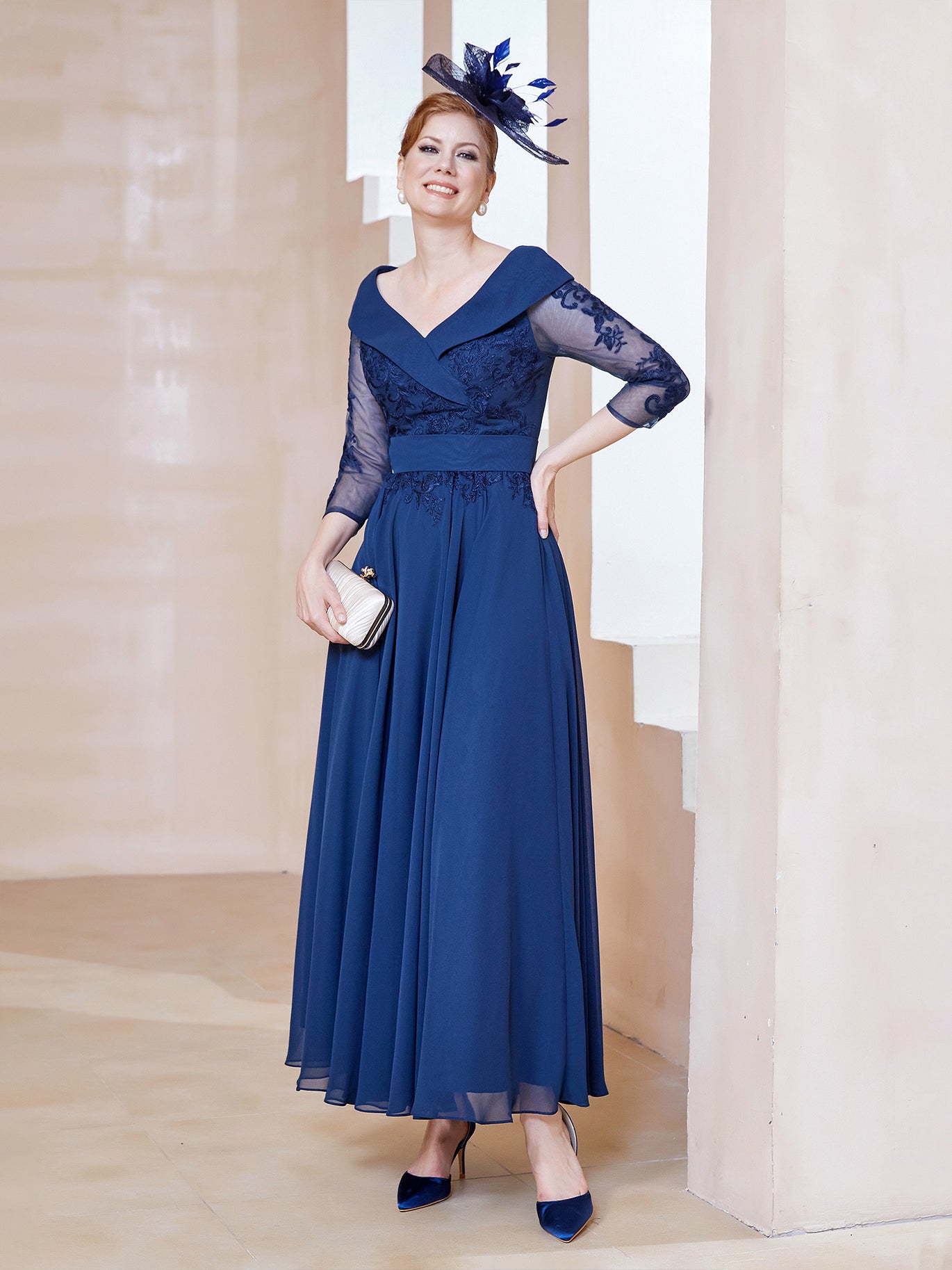 BABARONI Chiffon Mother of the Bride Dress with V-neck Lace Appliqued 3/4 Sleeves
