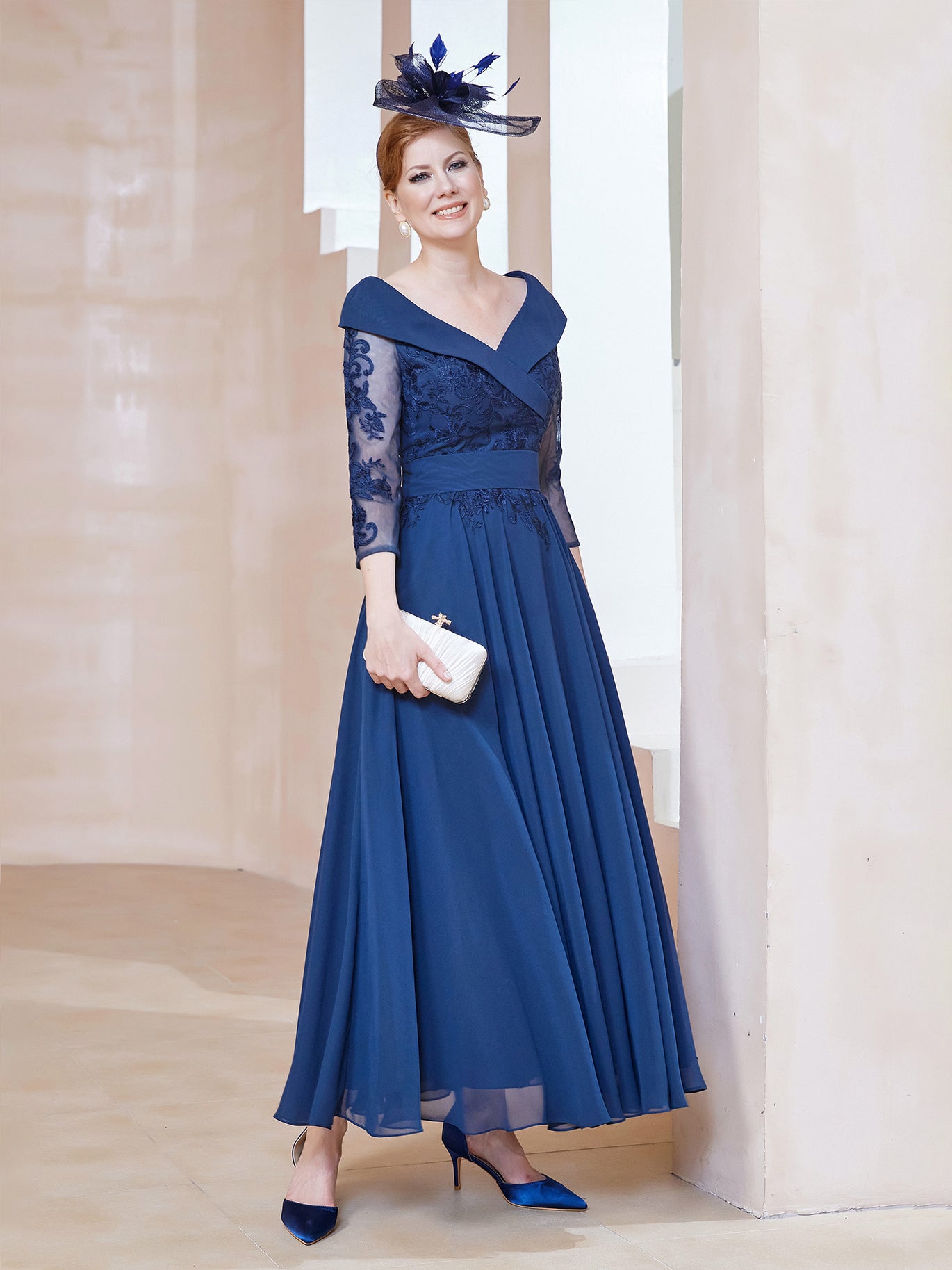 BABARONI Chiffon Mother of the Bride Dress with V-neck Lace Appliqued 3/4 Sleeves BABARONI Chiffon Mother of the Bride Dress with V-neck Lace Appliqued 3/4 Sleeves