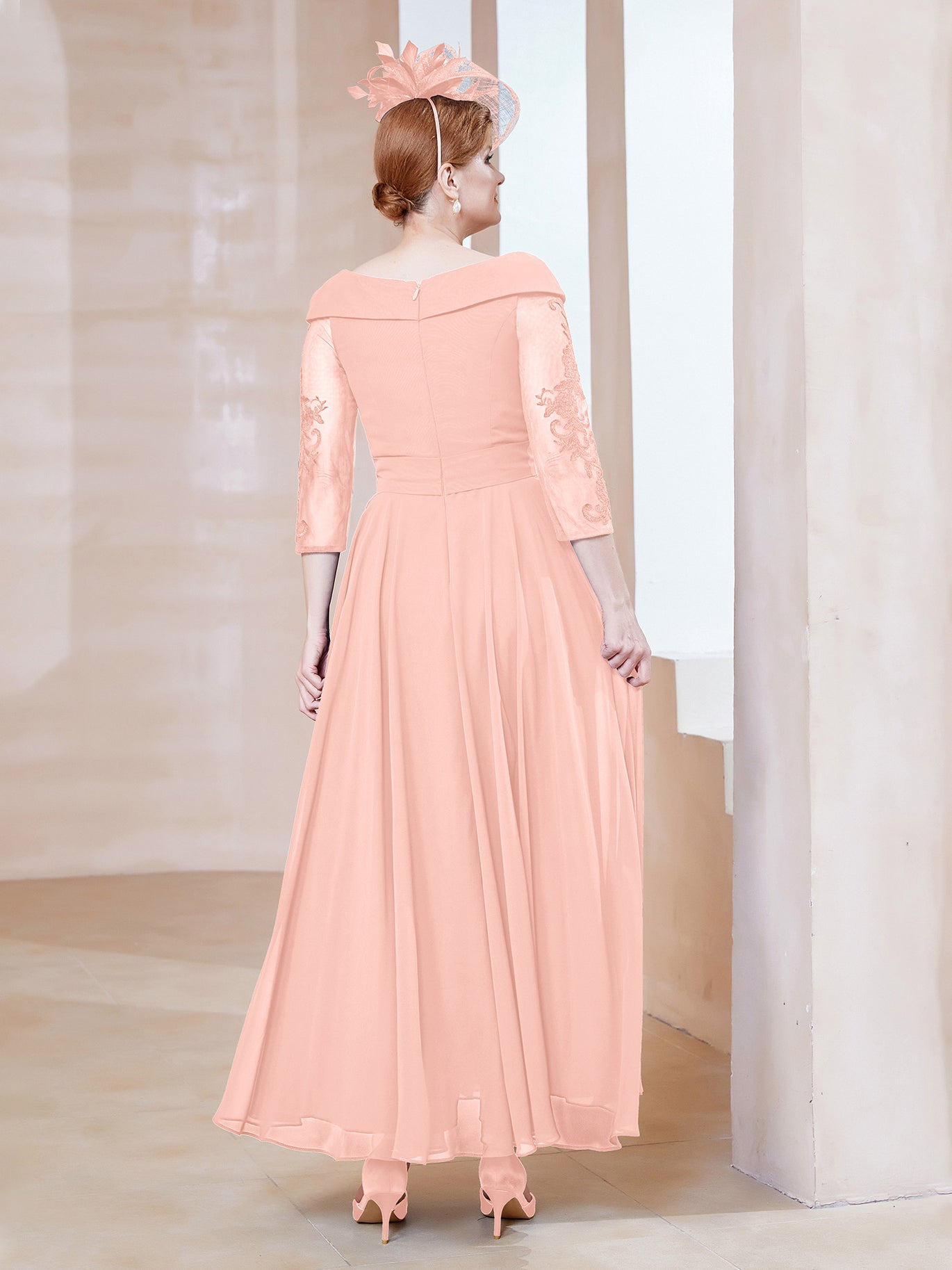 long sleeve coral bridesmaid dresses BABARONI Chiffon Mother of the Bride Dress with V-neck Lace Appliqued 3/4 Sleeves