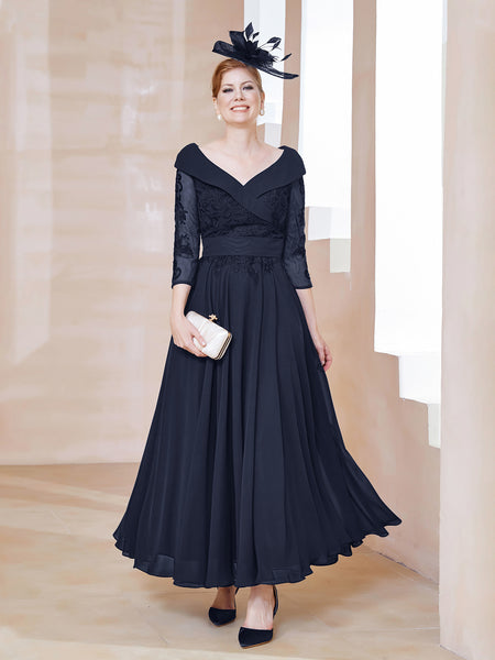 BABARONI Chiffon Mother of the Bride Dress with V-neck Lace Appliqued 3/4 Sleeves