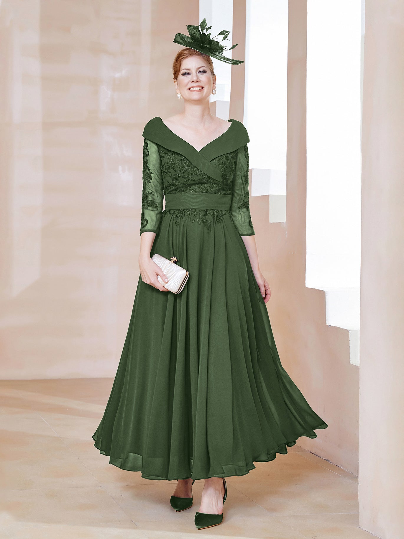 BABARONI Chiffon Mother of the Bride Dress with V-neck Lace Appliqued 3/4 Sleeves BABARONI Chiffon Mother of the Bride Dress with V-neck Lace Appliqued 3/4 Sleeves