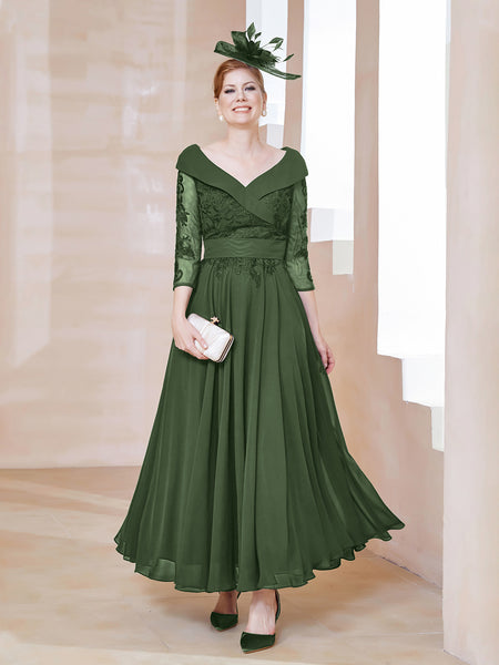 BABARONI Chiffon Mother of the Bride Dress with V-neck Lace Appliqued 3/4 Sleeves