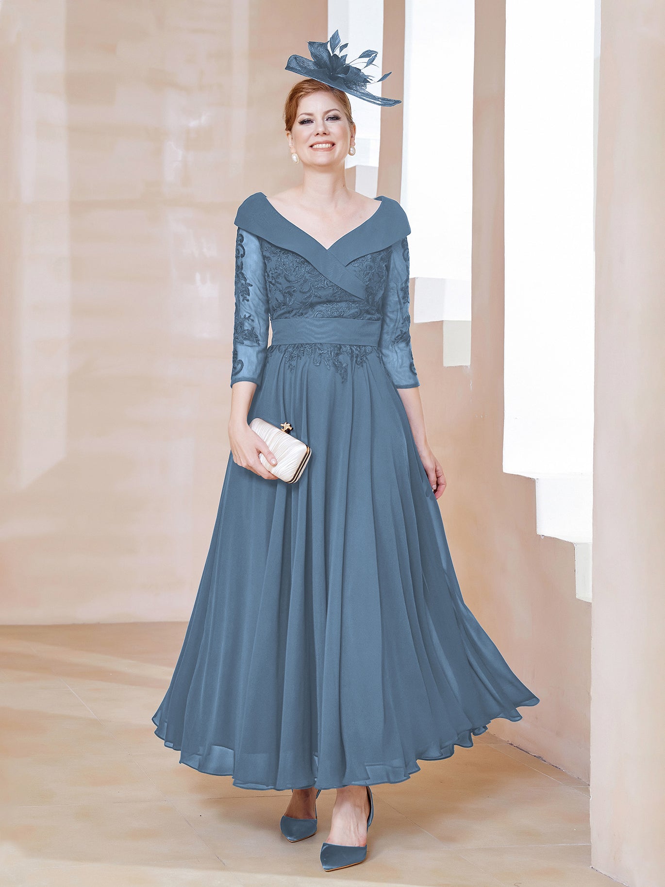 BABARONI Chiffon Mother of the Bride Dress with V-neck Lace Appliqued 3/4 Sleeves