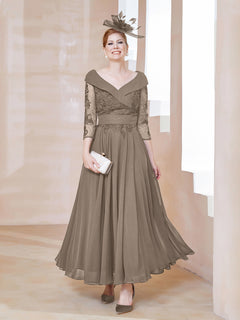 A-line V-neck Appliqued Chiffon Dress Taupe