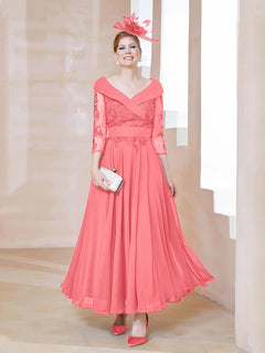 A-line V-neck Appliqued Chiffon Dress Watermelon