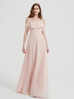 Spaghetti Straps V-neck Chiffon Long Dresses-Pearl Pink