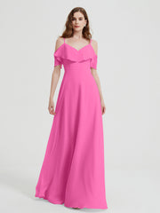 Spaghetti Straps V-neck Chiffon Long Dresses-Azalea