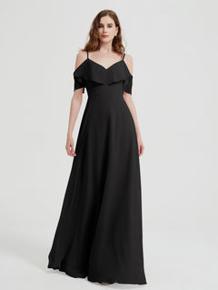 Spaghetti Straps V-neck Chiffon Long Dresses-Black Plus Size