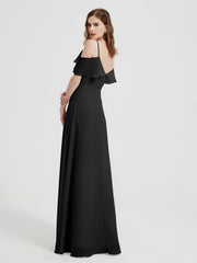 Spaghetti Straps V-neck Chiffon Long Dresses-Black