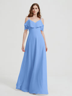 Spaghetti Straps V-neck Chiffon Long Dresses-Blue Plus Size