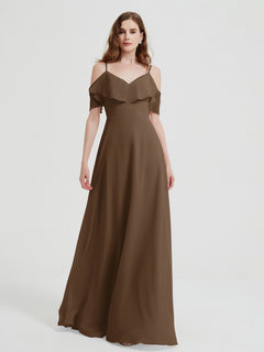 Spaghetti Straps V-neck Chiffon Long Dresses-Brown Plus Size