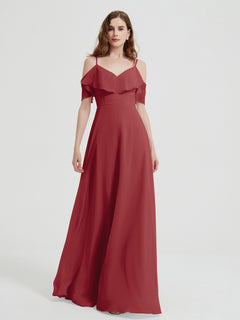 Spaghetti Straps V-neck Chiffon Long Dresses-Burgundy Plus Size