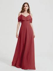 Spaghetti Straps V-neck Chiffon Long Dresses-Burgundy