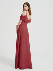 Spaghetti Straps V-neck Chiffon Long Dresses-Burgundy